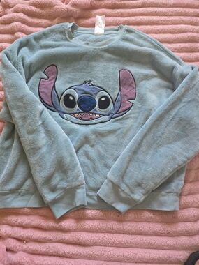 Disney Light Blue Fleece Crewneck Sweater with Stitch Embroidery